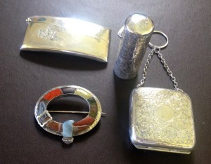 Gorgeous silver things including coin purse and a beautiful Scottish agate brooch.
